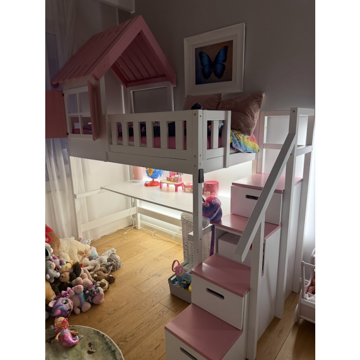 Kinderhochbett mit Schreibtisch und Treppe aus Massivholz direkt vom Hersteller